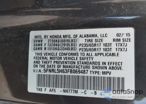 2015 Honda Odyssey Ex-L z USA, uszkodzony, nr VIN 5FNRL5H63FB069487